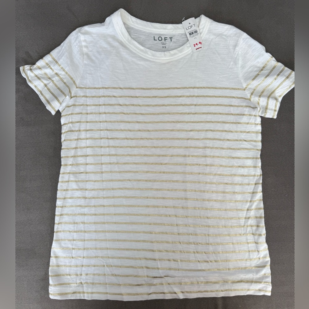 LOFT Striped White and Gold T-Shirt